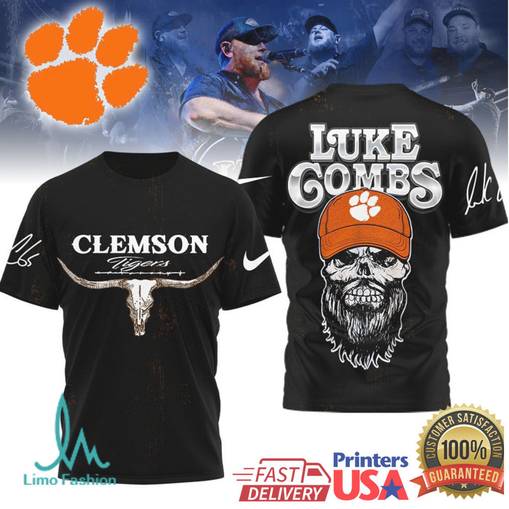 Luke Combs x Clemson Tigers Skull Longhorn T Shirt - Limotees LLC
