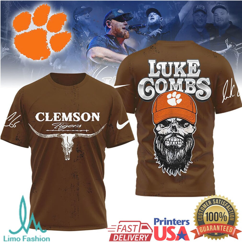 Luke Combs x Clemson Tigers Skull Longhorn T Shirt - Limotees LLC