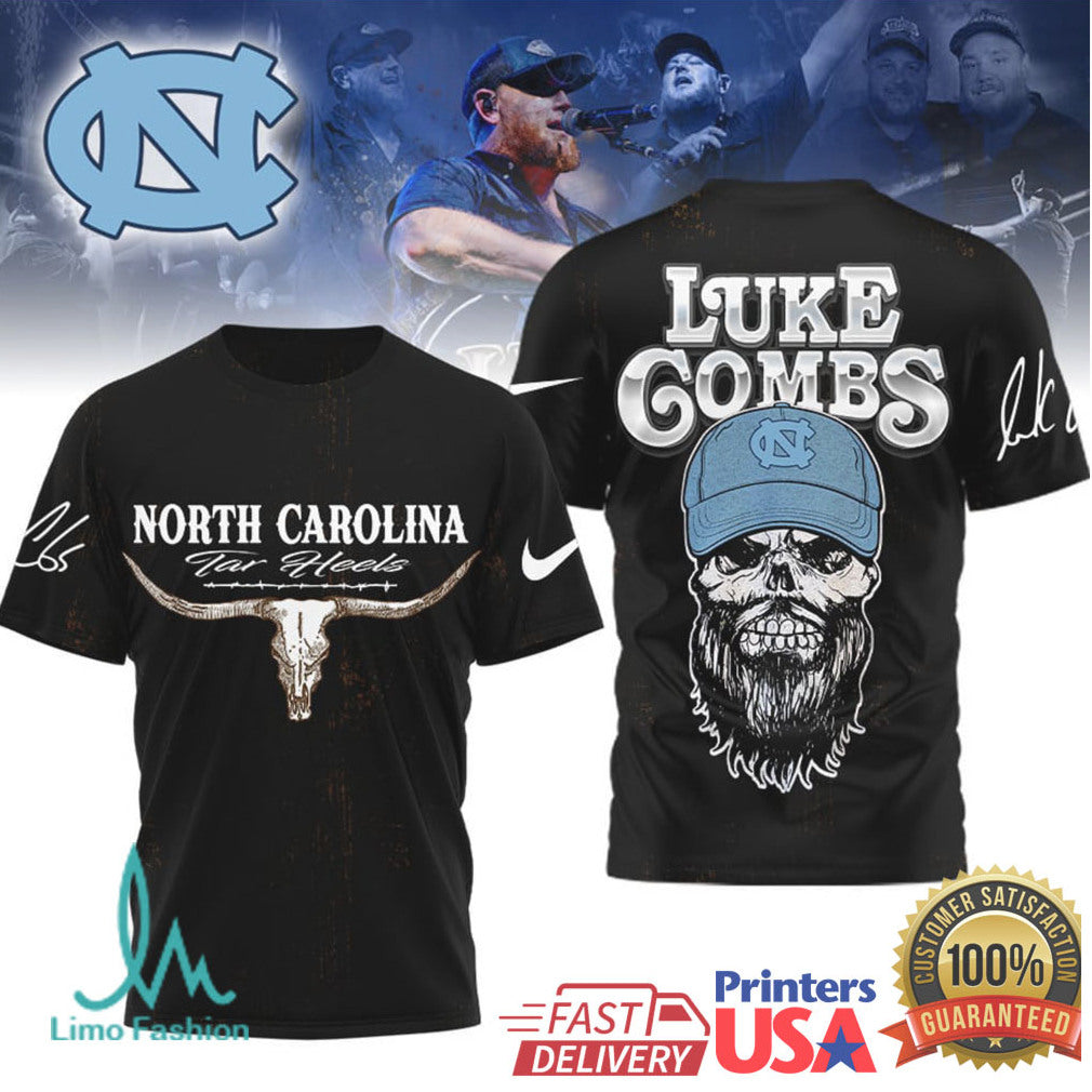 Luke Combs x North Carolina Tar Heels Longhorn Skull Graphic T Shirt - Limotees LLC
