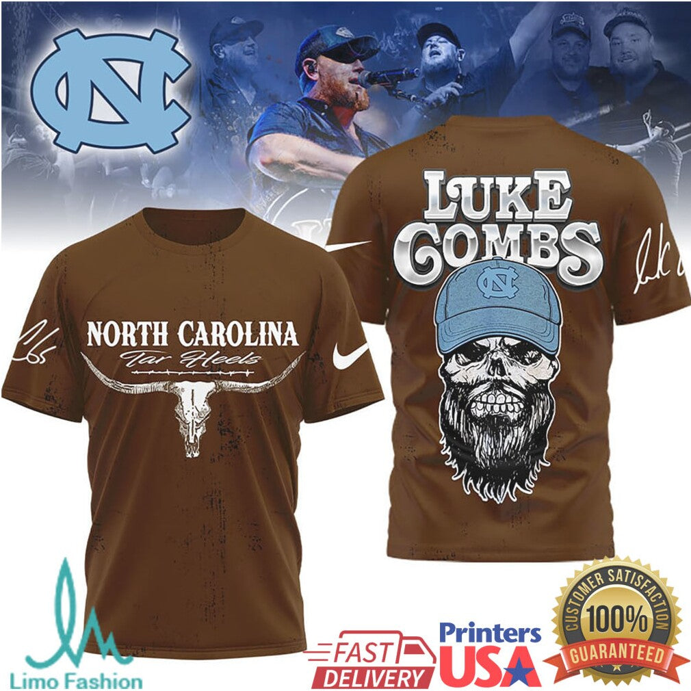 Luke Combs x North Carolina Tar Heels Longhorn Skull Graphic T Shirt - Limotees LLC