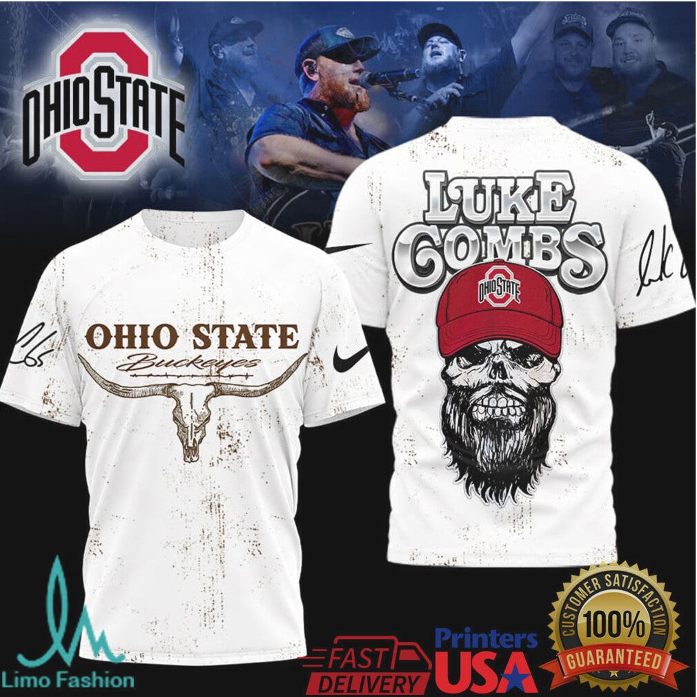 Luke Combs x Ohio State Buckeyes Skull Longhorn Graphic T Shirt - Limotees LLC
