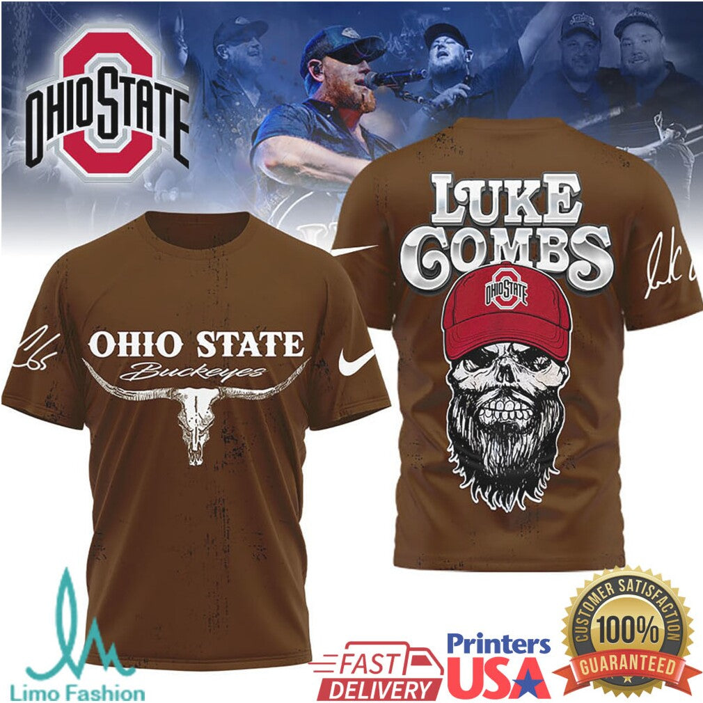 Luke Combs x Ohio State Buckeyes Skull Longhorn Graphic T Shirt - Limotees LLC
