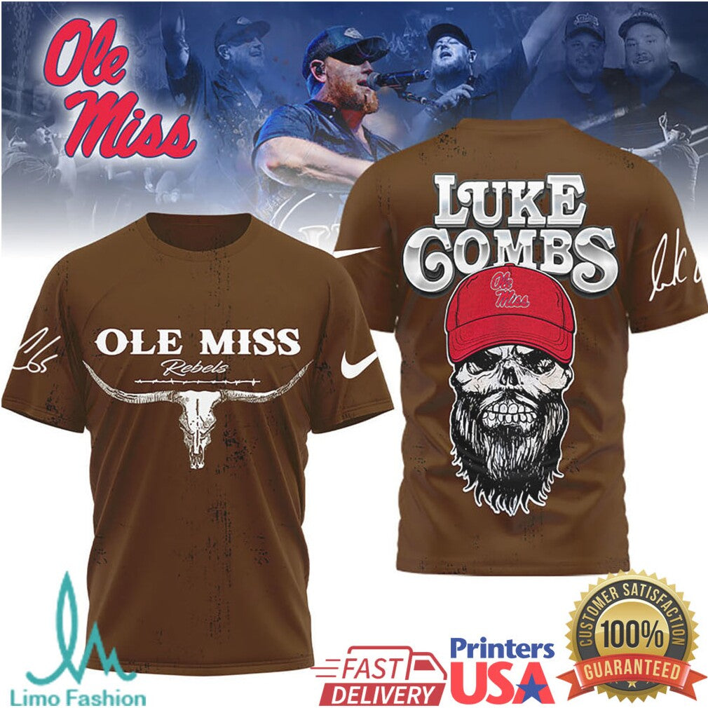 Luke Combs x Ole Miss Rebels Longhorn Skull Graphic Fan T Shirt - Limotees LLC