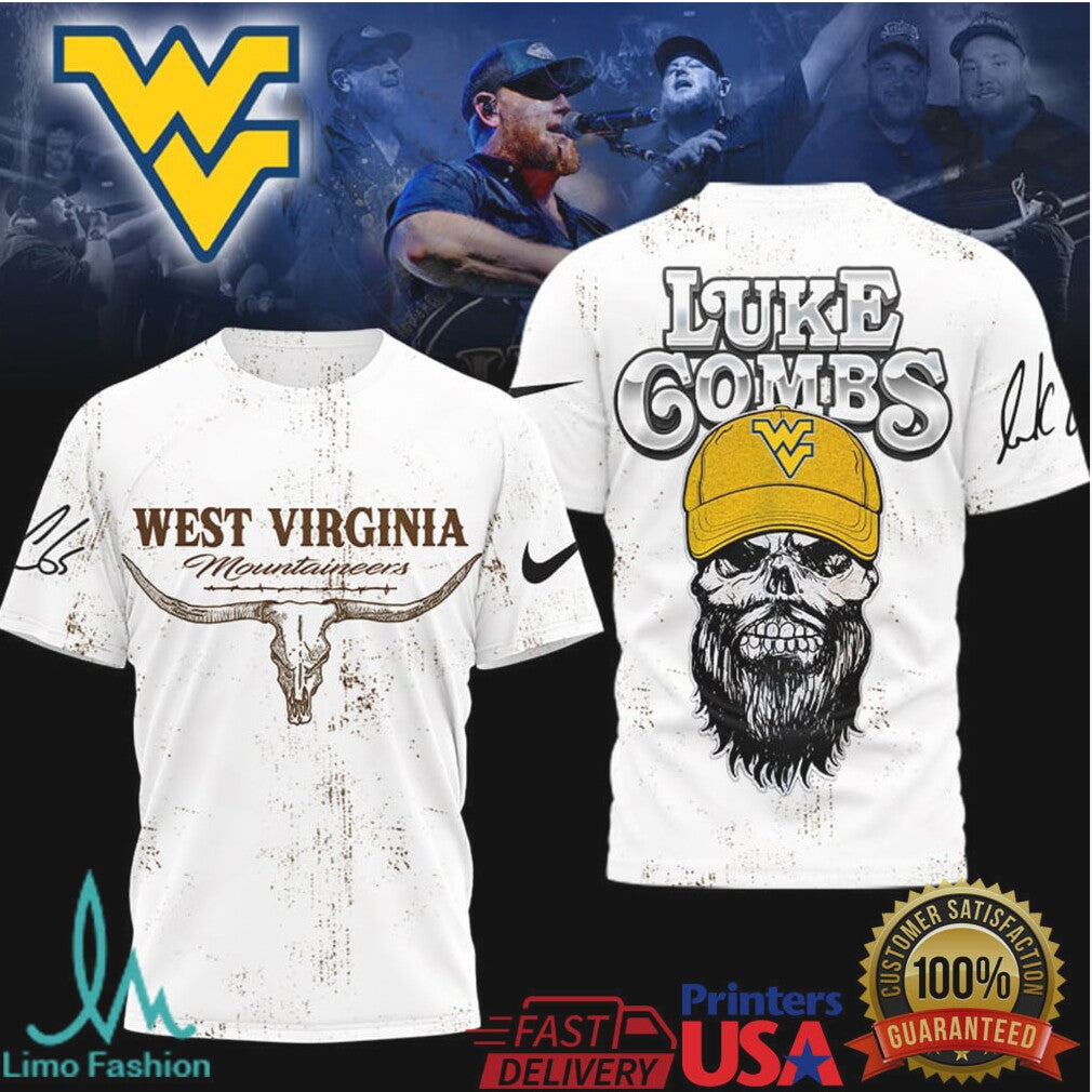 Luke Combs x West Virginia Mountaineers Skull Longhorn Graphic T Shirt - Limotees LLC