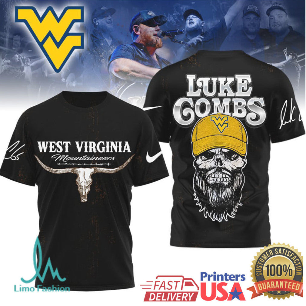 Luke Combs x West Virginia Mountaineers Skull Longhorn Graphic T Shirt - Limotees LLC