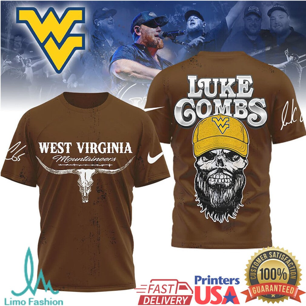 Luke Combs x West Virginia Mountaineers Skull Longhorn Graphic T Shirt - Limotees LLC