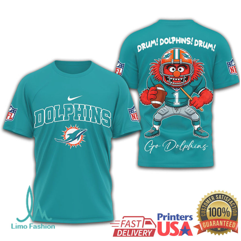 Miami Dolphins Animal Muppet Drum! Dolphins! Drum! 3D T Shirt - Limotees LLC