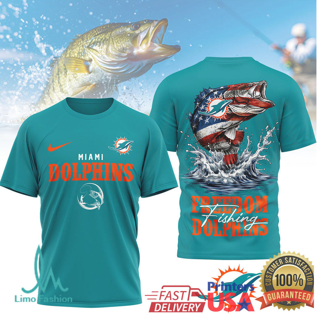 Miami Dolphins Freedom Fishing Bass American Flag T Shirt
