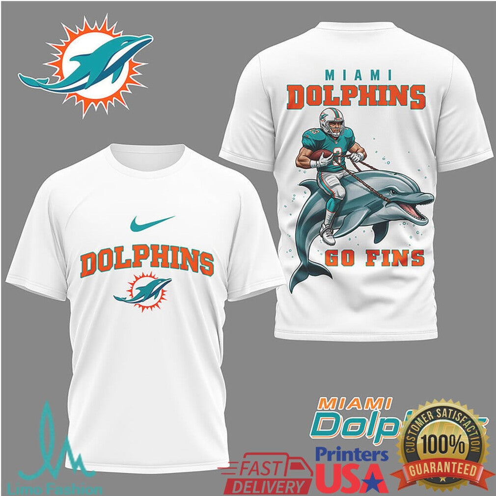 Miami Dolphins “Go Fins” Dolphin Rider Football Graphic T Shirt
