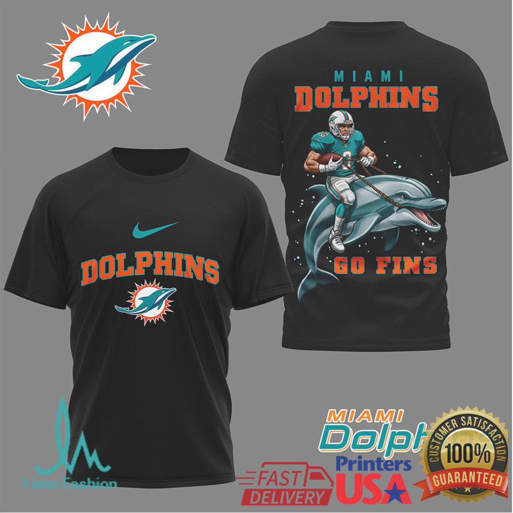 Miami Dolphins “Go Fins” Dolphin Rider Football Graphic T Shirt