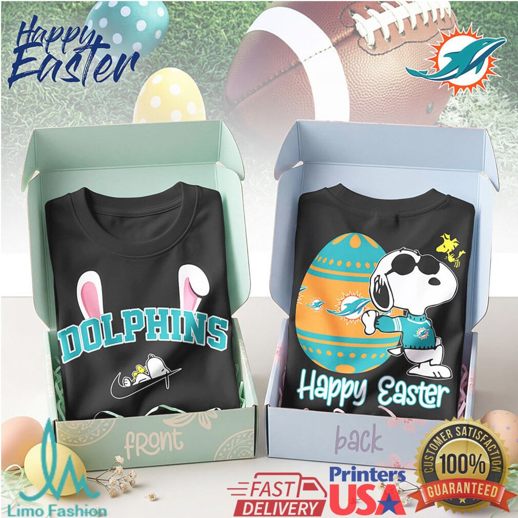 Miami Dolphins Happy Easter Snoopy Bunny Ears Graphic T Shirt - Limotees LLC
