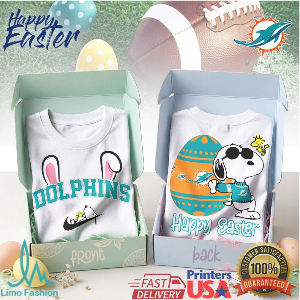 Miami Dolphins Happy Easter Snoopy Bunny Ears Graphic T Shirt - Limotees LLC