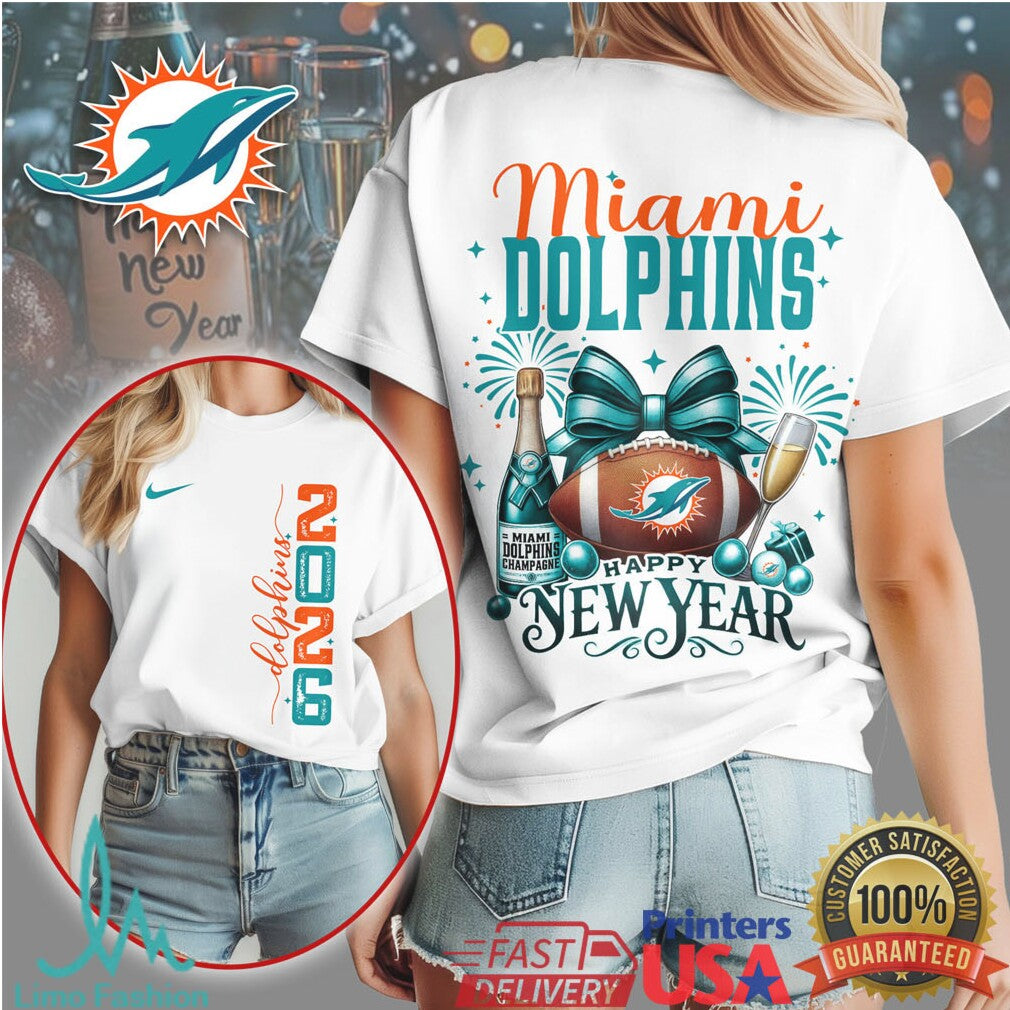 Miami Dolphins Happy New Year 2026 Football & Fireworks T Shirt - Limotees LLC