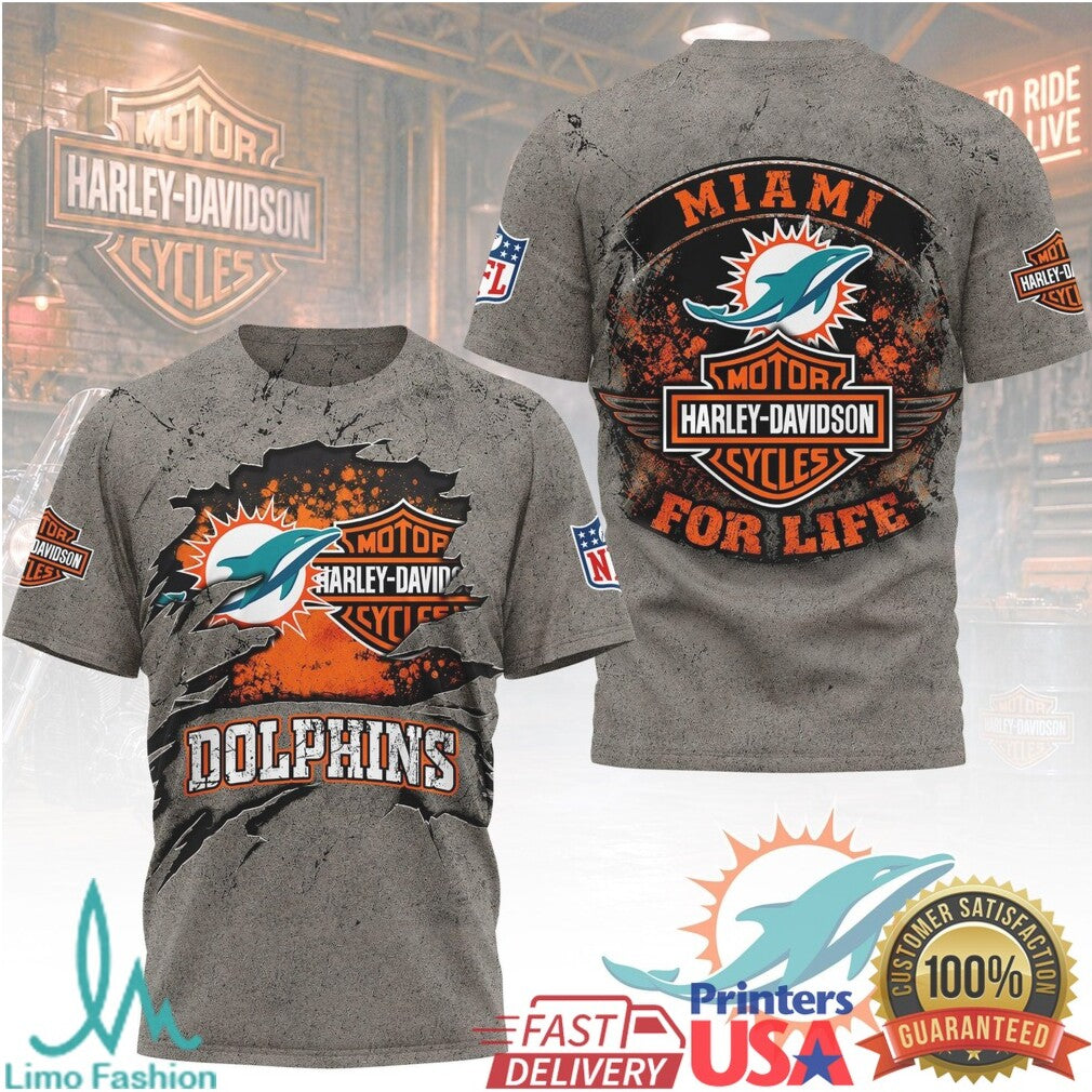 Miami Dolphins Harley Davidson Biker For Life Grey T Shirt - Limotees LLC