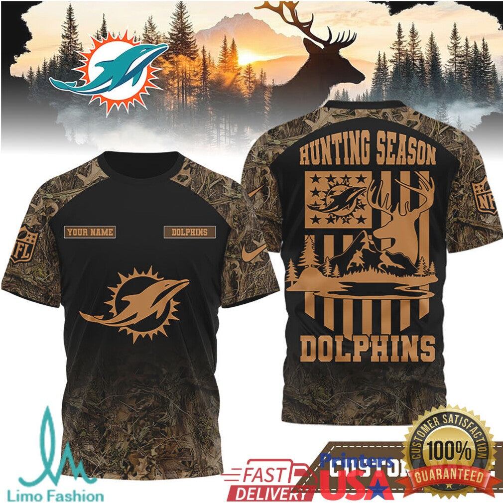 Miami Dolphins Hunting Season Camo Deer Flag Custom Name T Shirt - Limotees LLC