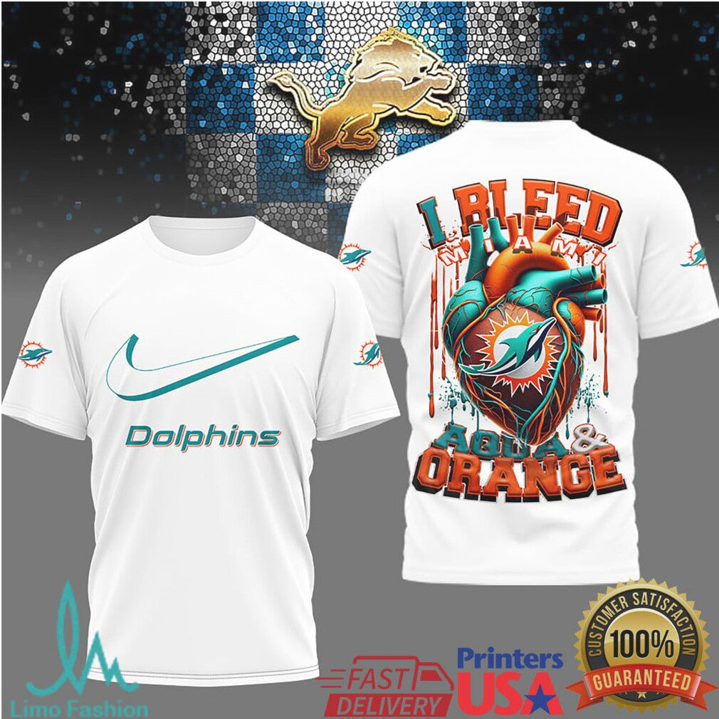 Miami Dolphins “I Bleed Aqua & Orange” Heart Graphic T Shirt - Limotees LLC