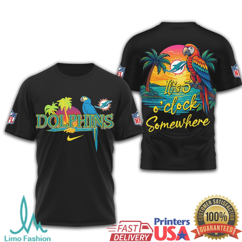 Miami Dolphins Margaritaville It's 5 O'Clock Somewhere Parrot T Shirt - Limotees LLC