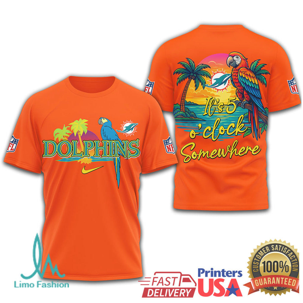 Miami Dolphins Margaritaville It's 5 O'Clock Somewhere Parrot T Shirt - Limotees LLC