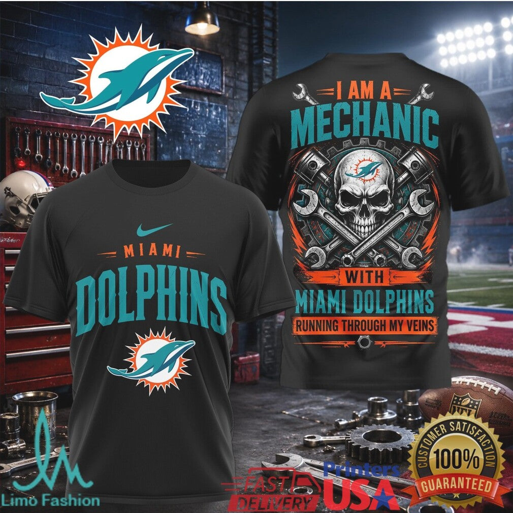 Miami Dolphins Mechanic Skull Running Through My Veins T Shirt - Limotees LLC
