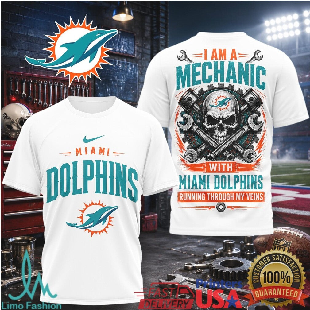 Miami Dolphins Mechanic Skull Running Through My Veins T Shirt - Limotees LLC