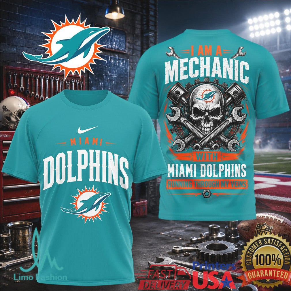 Miami Dolphins Mechanic Skull Running Through My Veins T Shirt - Limotees LLC