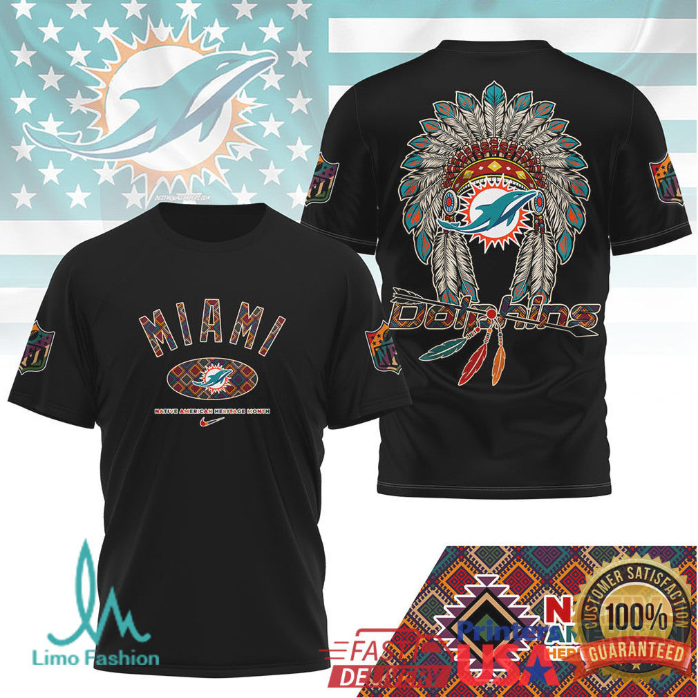 Miami Dolphins Native American Heritage Month Teal Headdress T Shirt