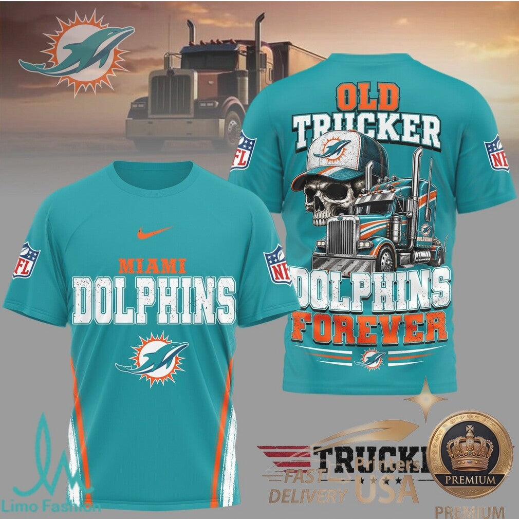 Miami Dolphins Old Trucker Skull Forever Graphic T Shirt - Limotees LLC