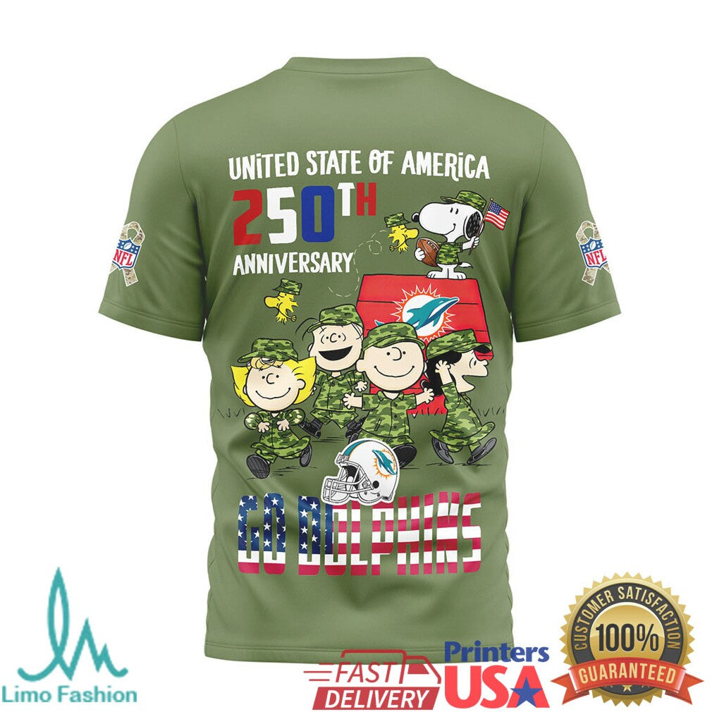 Miami Dolphins Snoopy Peanuts 250th Anniversary USA Military T Shirt - Limotees LLC