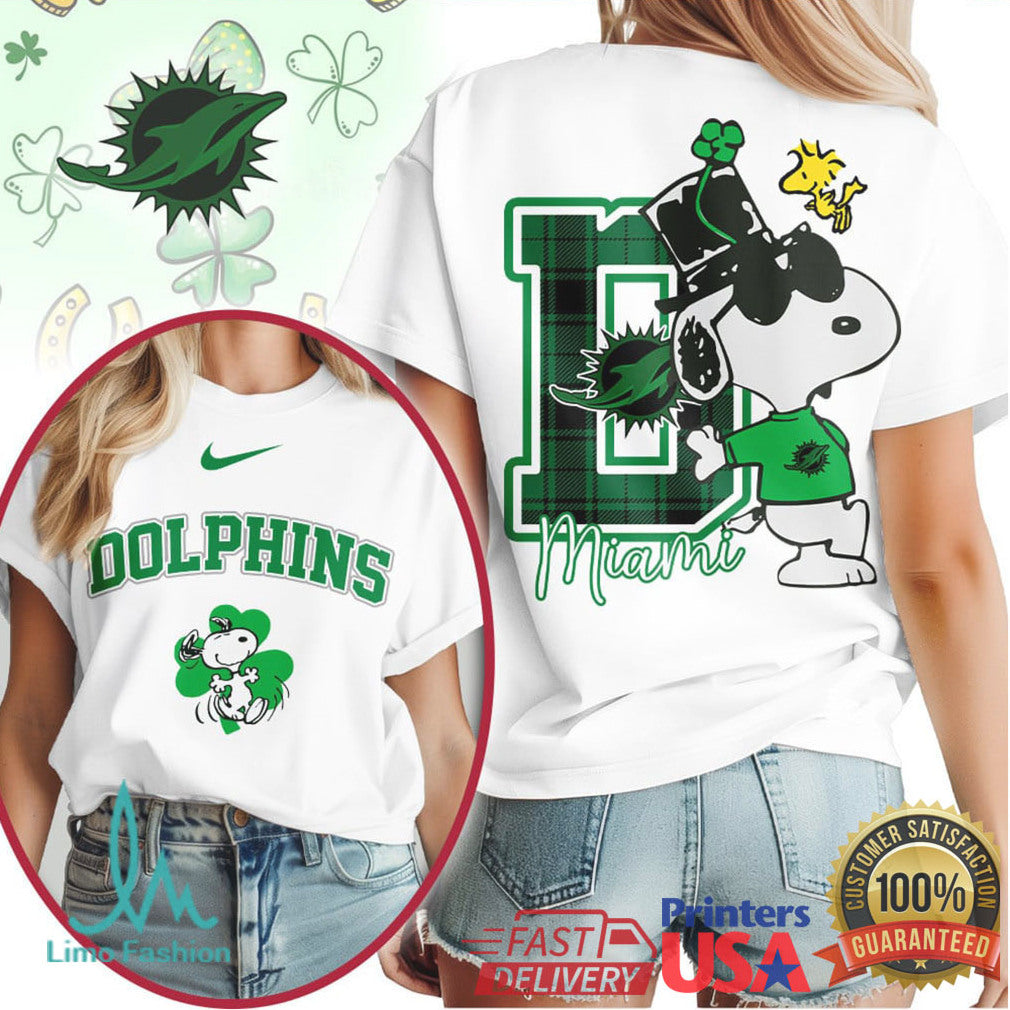 Miami Dolphins St. Patrick's Day T Shirt Snoopy Lucky Green Clover - Limotees LLC