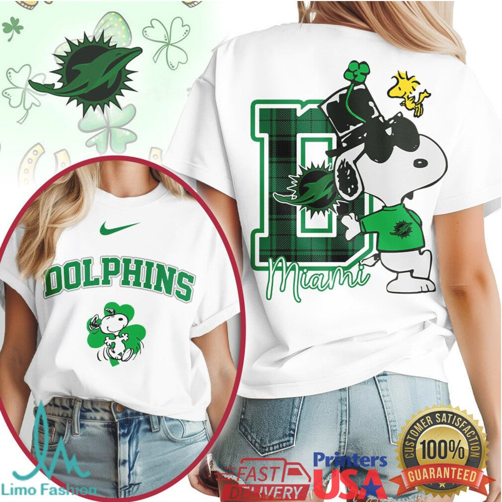 Miami Dolphins St. Patrick's Day T Shirt Snoopy Lucky Green Clover - Limotees LLC