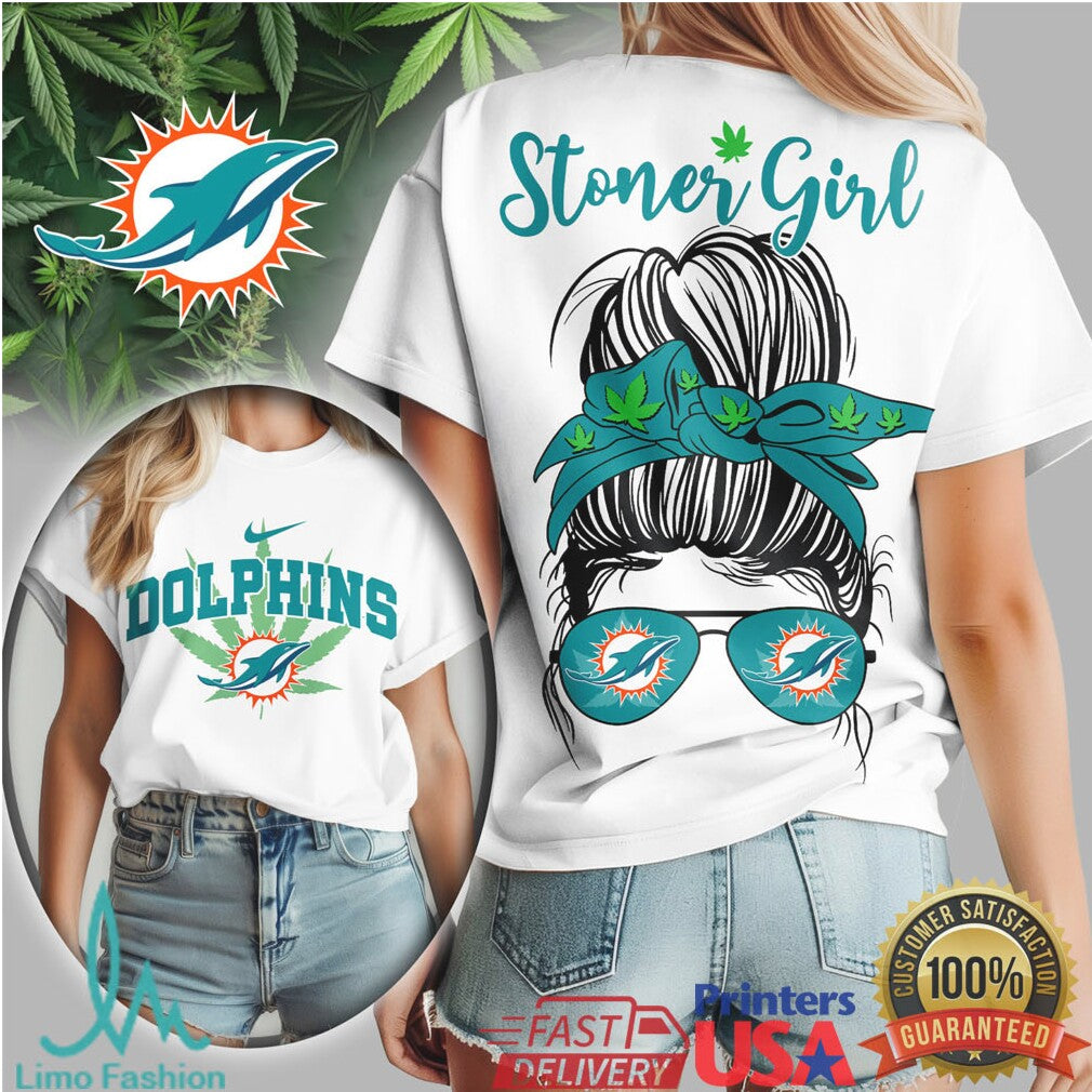 Miami Dolphins Stoner Girl T Shirt Messy Bun Bandana Design - Limotees LLC