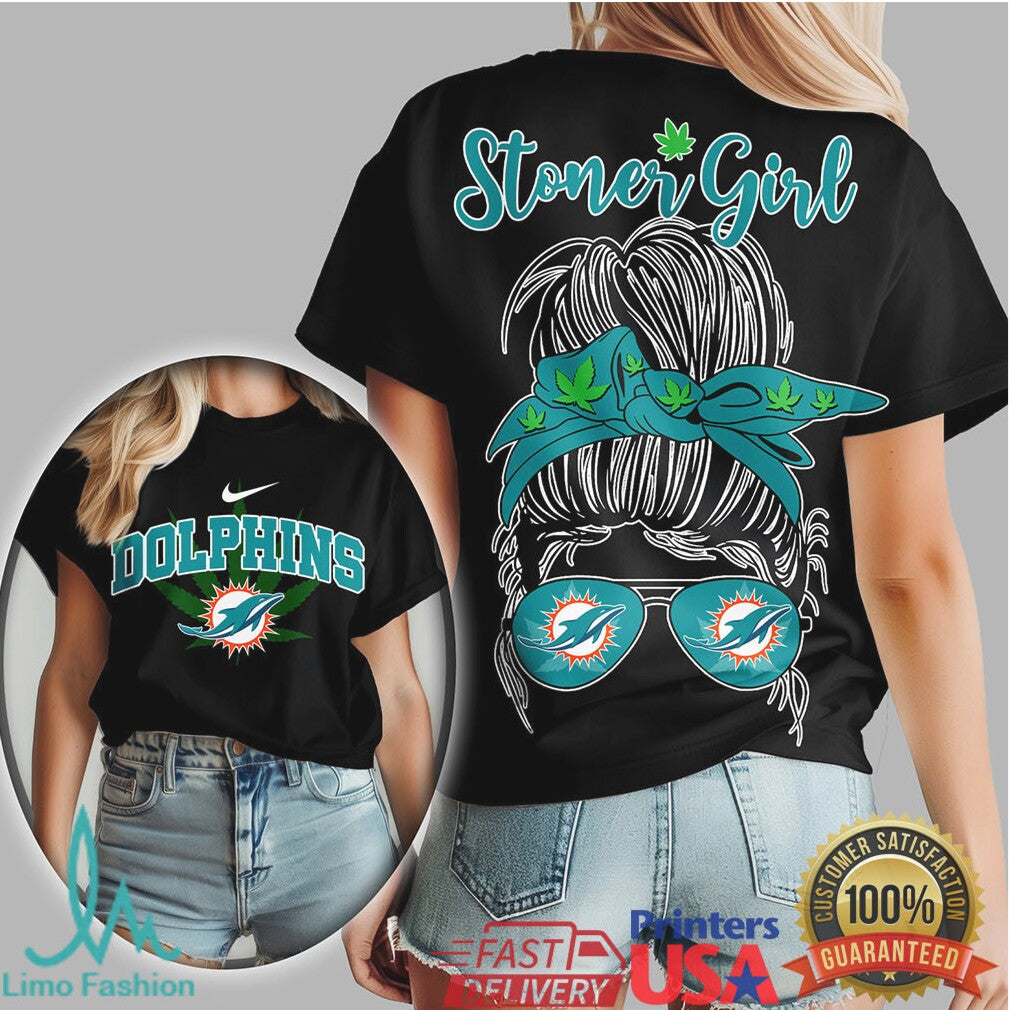 Miami Dolphins Stoner Girl T Shirt Messy Bun Bandana Design - Limotees LLC