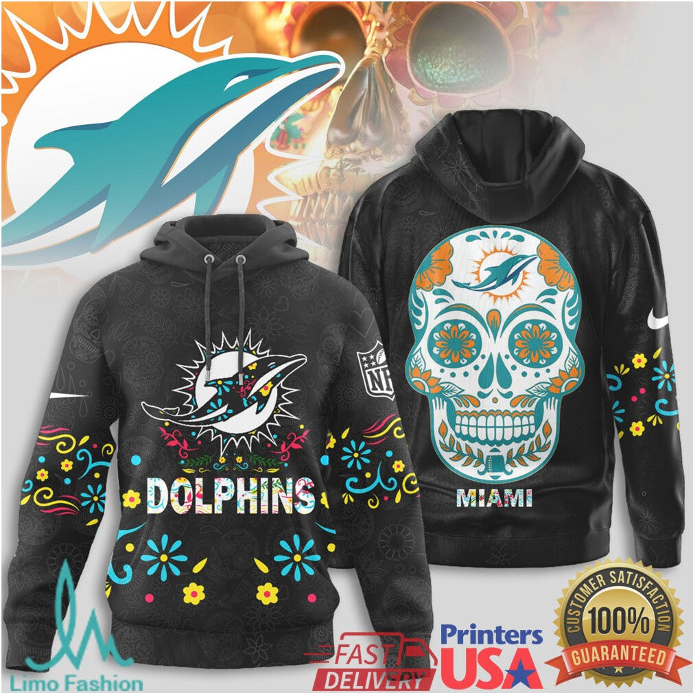 Miami Dolphins Sugar Skull Day of the Dead NFL T Shirt - Limotees LLC