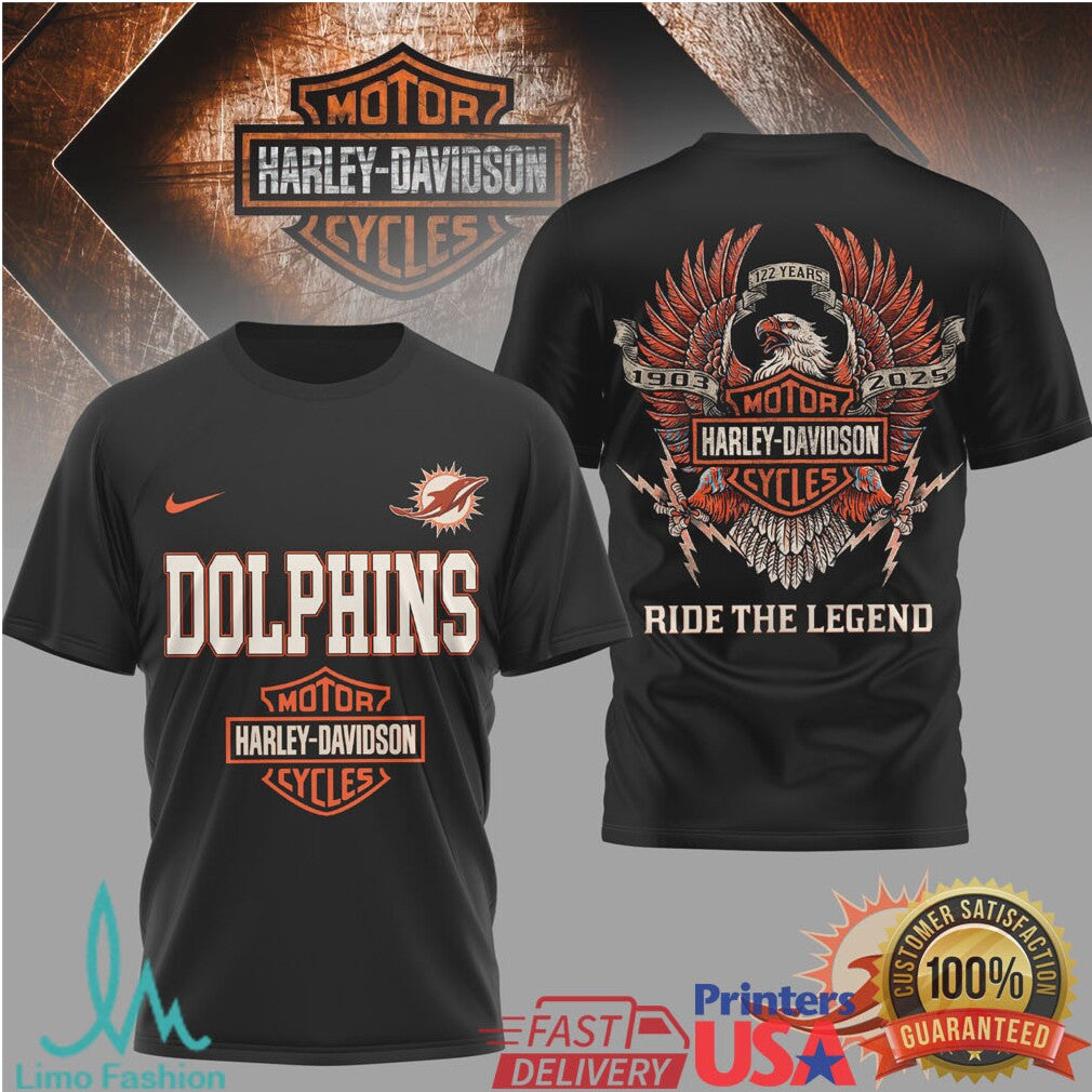 Miami Dolphins x Harley Davidson 122 Years Ride The Legend T Shirt - Limotees LLC
