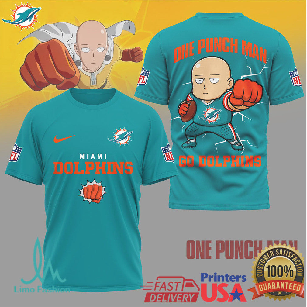 Miami Dolphins x One Punch Man Saitama NFL Anime Crossover Tee - Limotees LLC