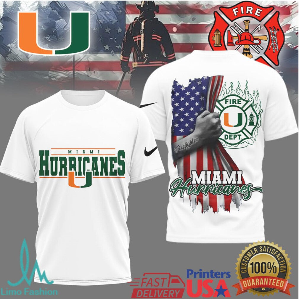 Miami Hurricanes Fire Dept Patriotic American Flag Graphic T Shirt - Limotees LLC
