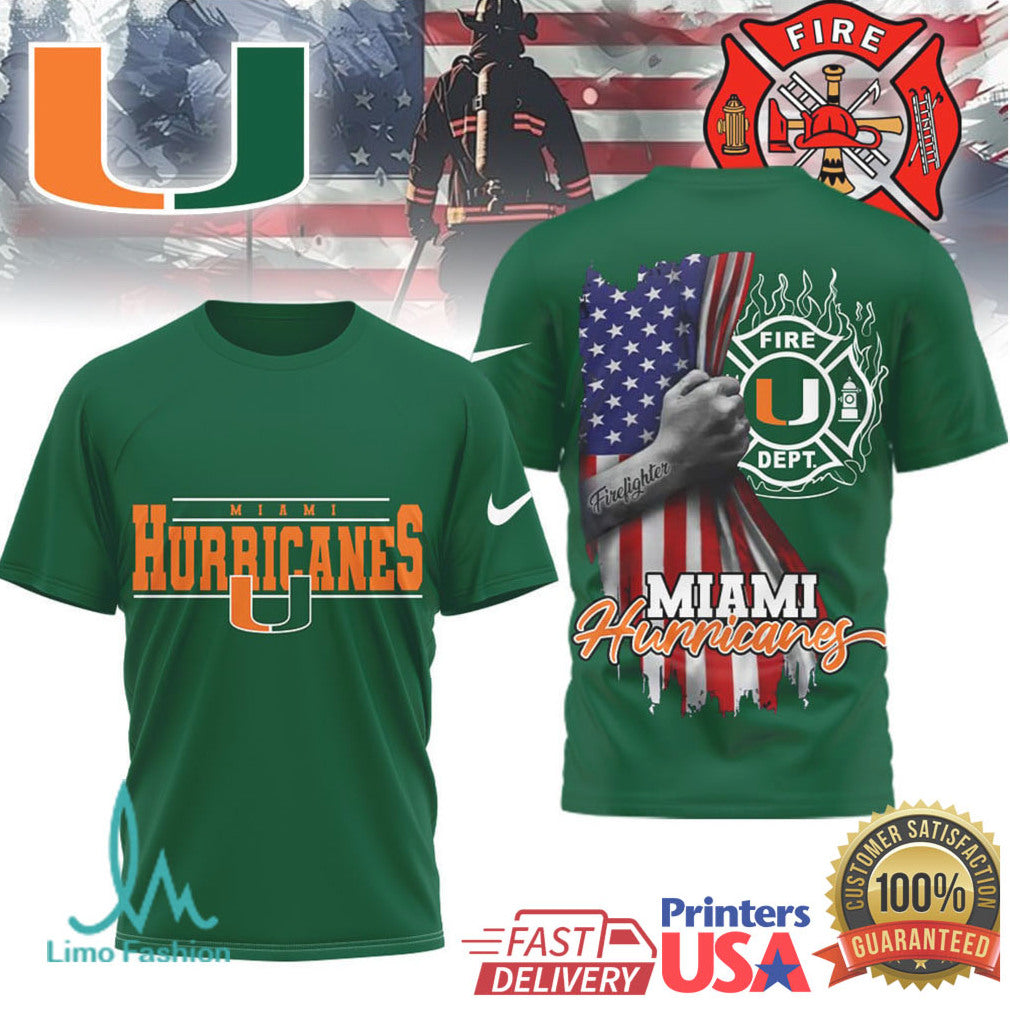 Miami Hurricanes Firefighter American Flag Hero NCAA T Shirt - Limotees LLC