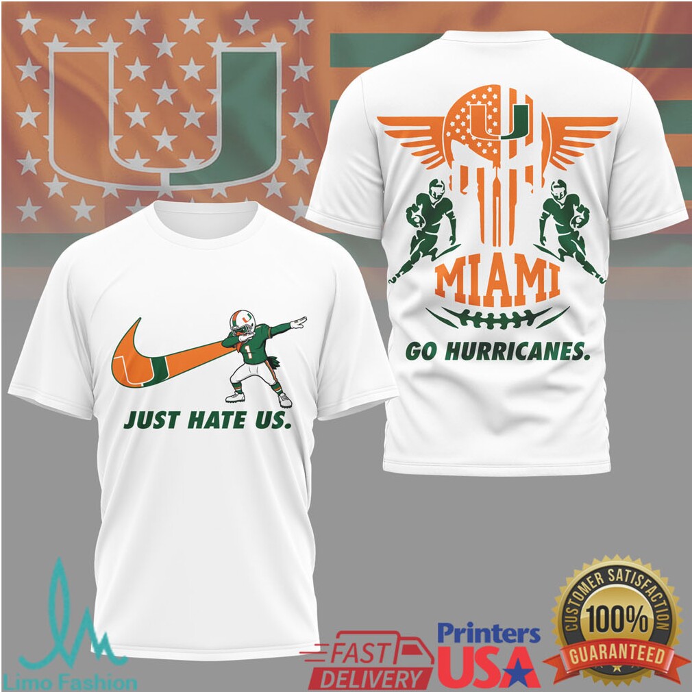Miami Hurricanes “Just Hate Us” Dabbing Mascot Football T Shirt - Limotees LLC
