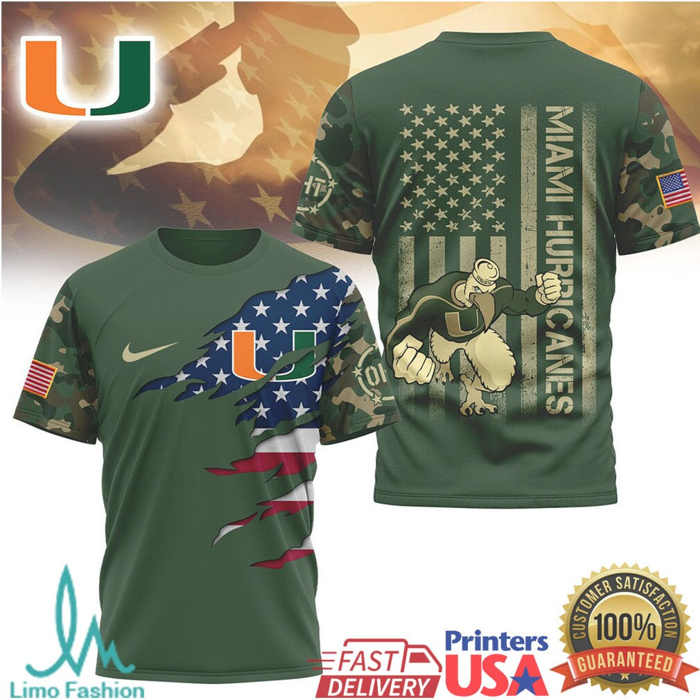 Miami Hurricanes Military Camo USA Flag Mascot Patriotic T Shirt - Limotees LLC