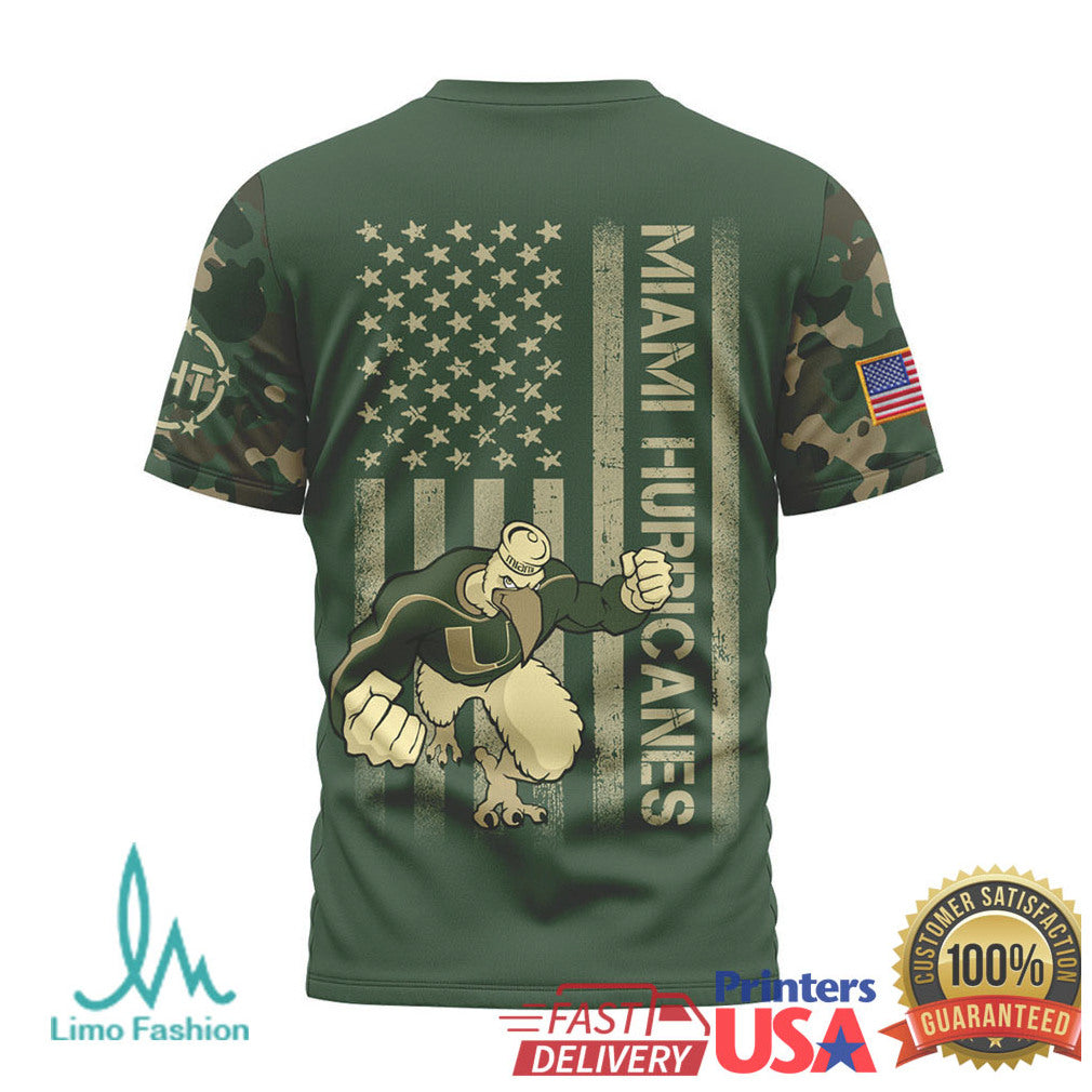 Miami Hurricanes Military Camo USA Flag Mascot Patriotic T Shirt - Limotees LLC