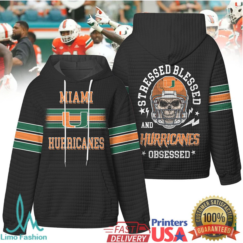 Miami Hurricanes Stressed Blessed and Obsessed Football Skull Quilted T Shirt - Limotees LLC