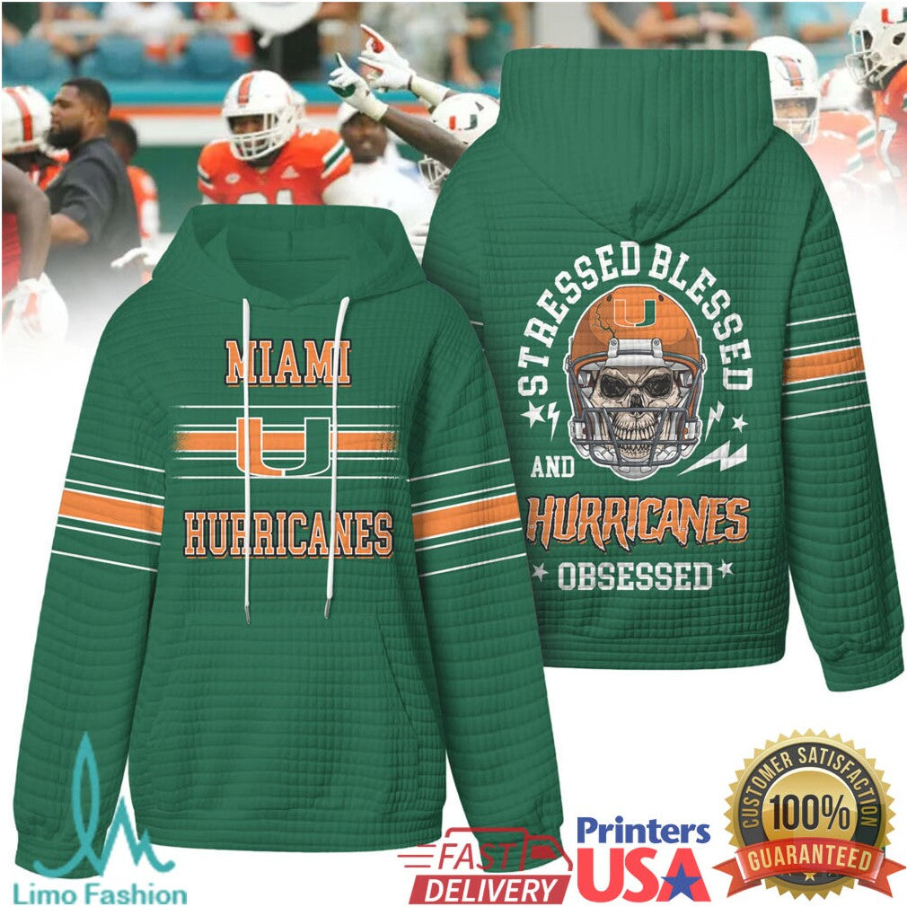 Miami Hurricanes Stressed Blessed and Obsessed Football Skull Quilted T Shirt - Limotees LLC