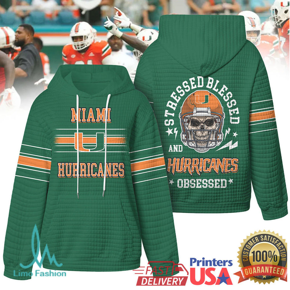 Miami Hurricanes Stressed Blessed and Obsessed Football Skull Quilted T Shirt - Limotees LLC