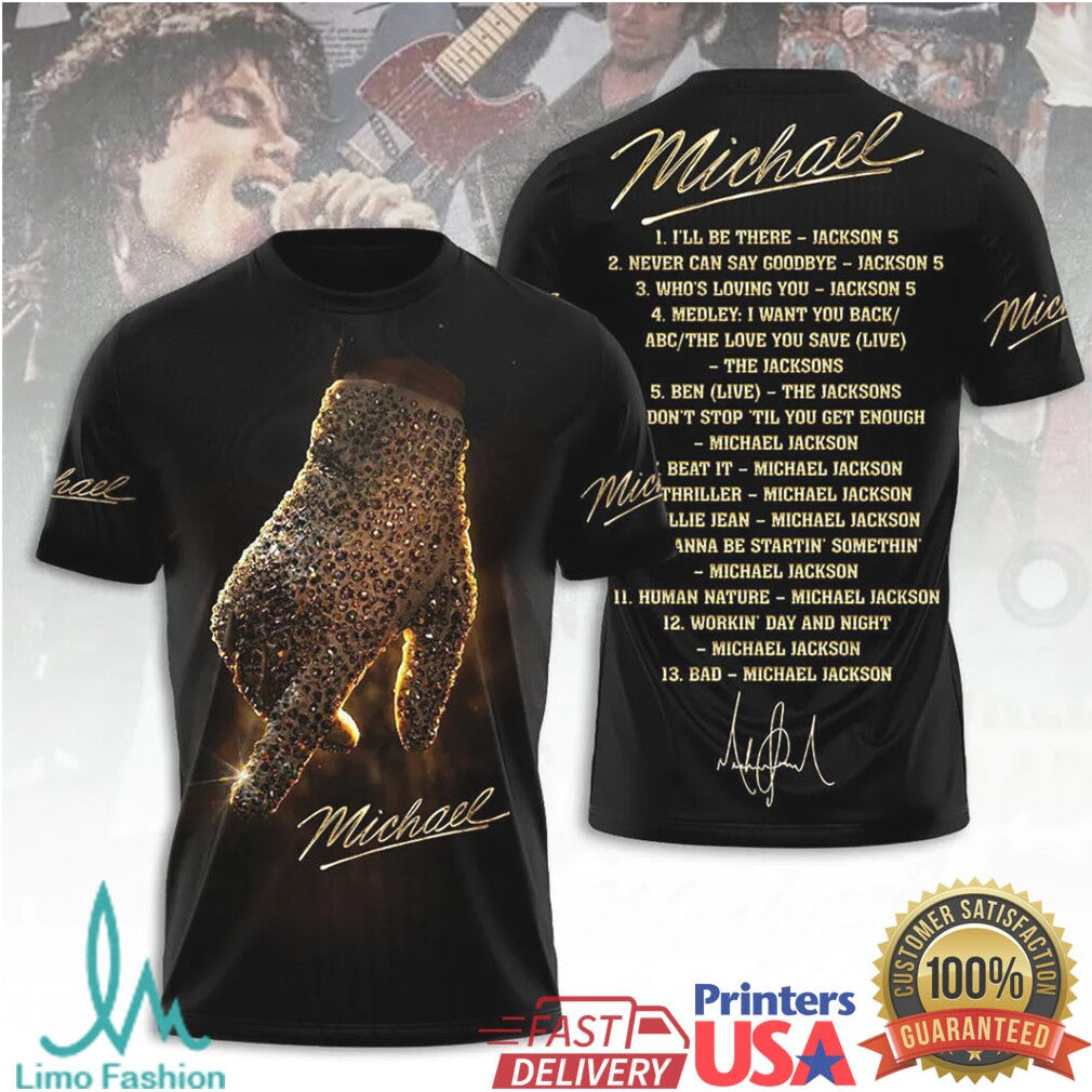 Michael Jackson Iconic Sequined Glove Gold Signature T Shirt - Limotees LLC