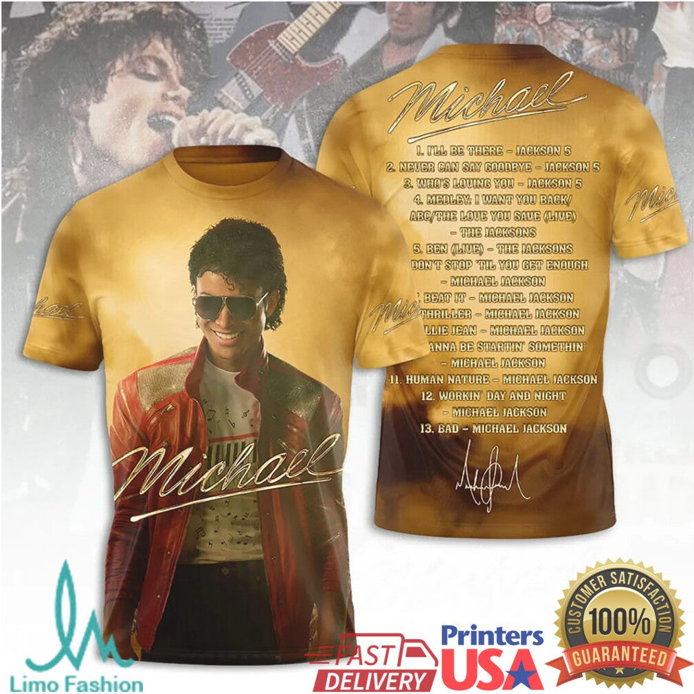 Michael Jackson King of Pop Signature Portrait & Setlist Gold Tribute T Shirt - Limotees LLC