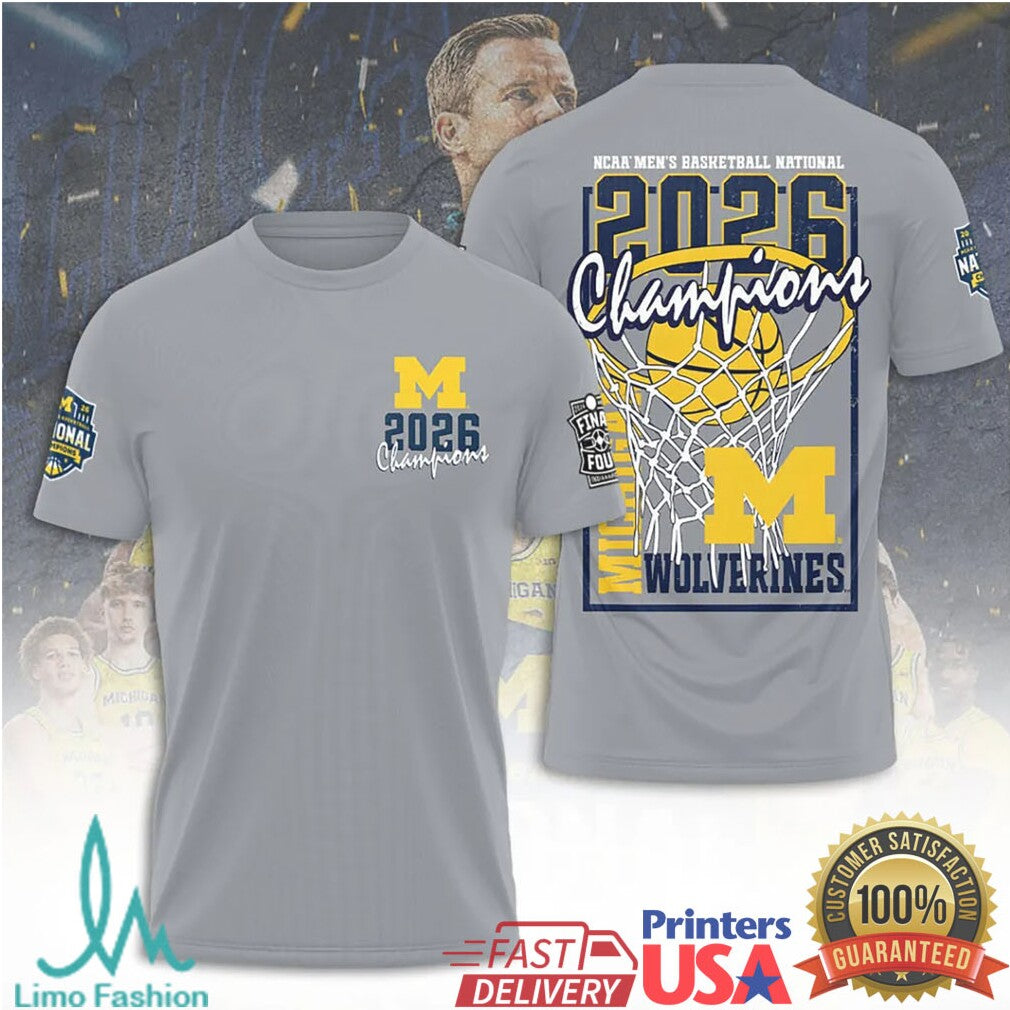 Michigan Wolverines 2026 NCAA Men's Basketball National Champions Grey Basketball Hoop Men Fans T Shirt - Limotees LLC