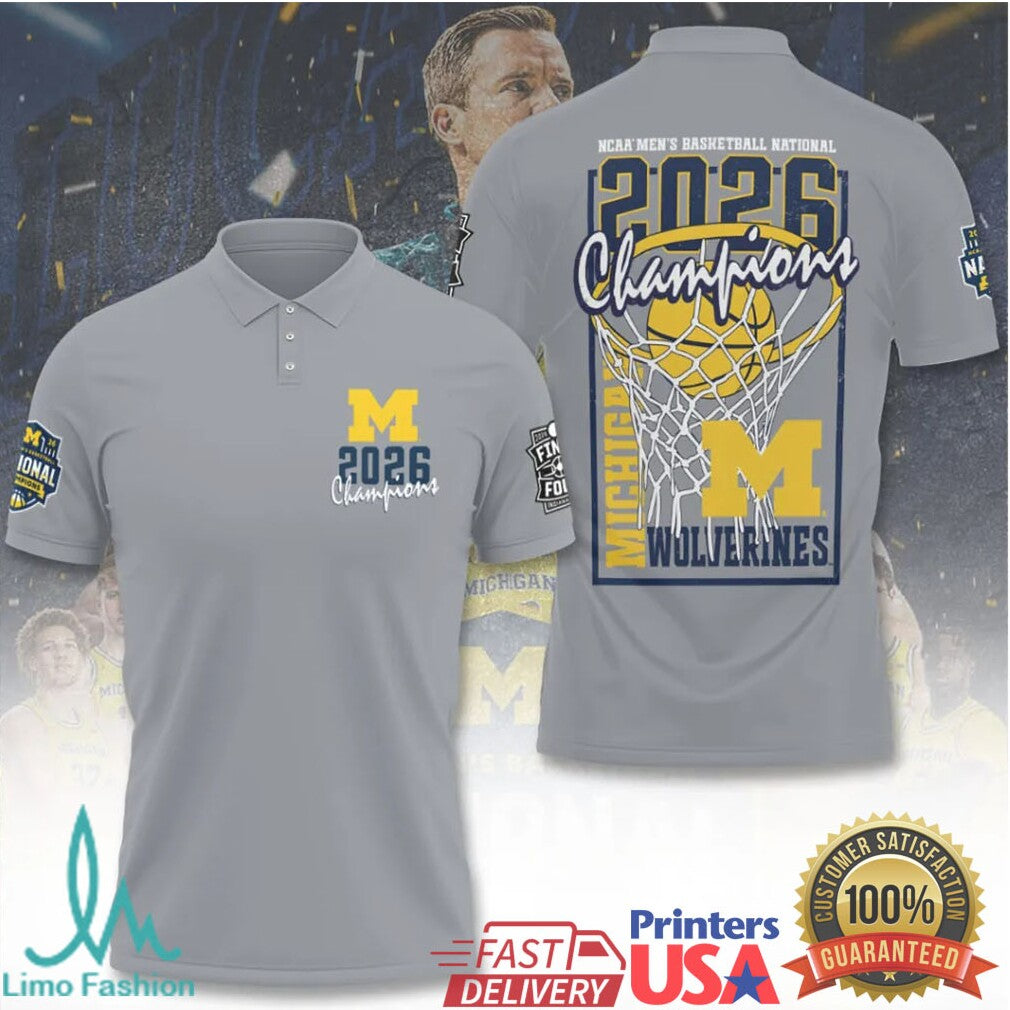 Michigan Wolverines 2026 NCAA Men's Basketball National Champions Grey Basketball Hoop Men Fans T Shirt - Limotees LLC