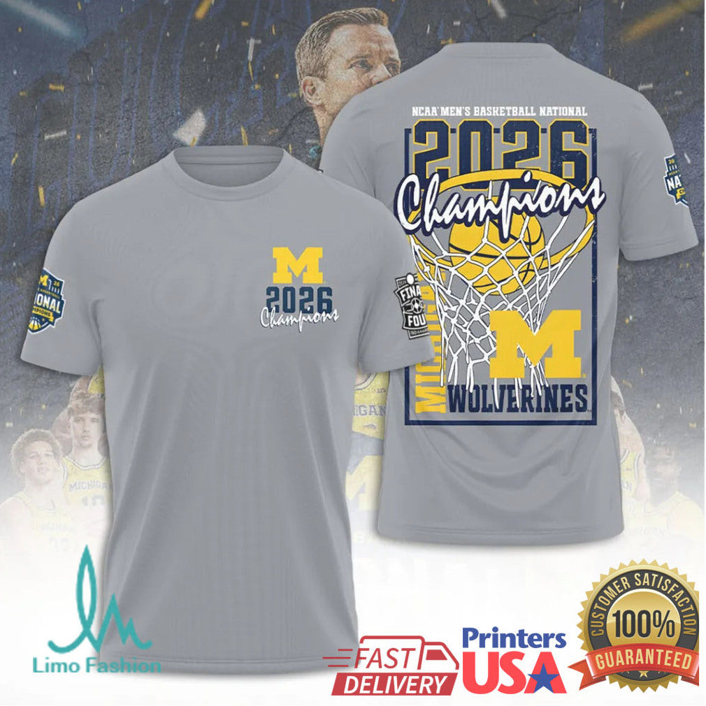 Michigan Wolverines 2026 NCAA Men's Basketball National Champions Grey Basketball Hoop Men Fans T Shirt - Limotees LLC