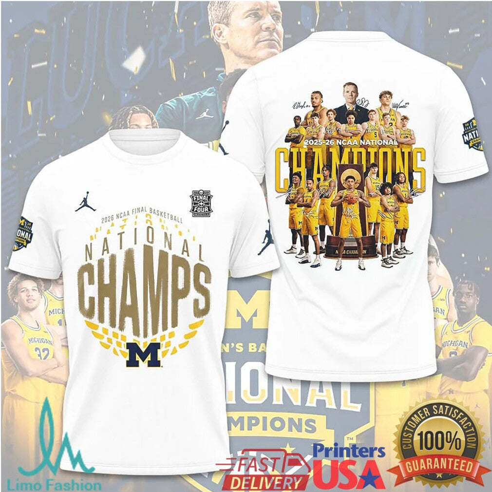 Michigan Wolverines 2026 NCAA Men's Basketball National Champions Team Roster White Fans T Shirt - Limotees LLC