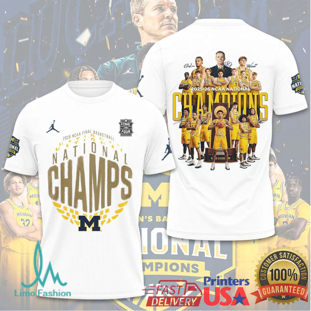 Michigan Wolverines 2026 NCAA Men's Basketball National Champions Team Roster White Fans T Shirt - Limotees LLC